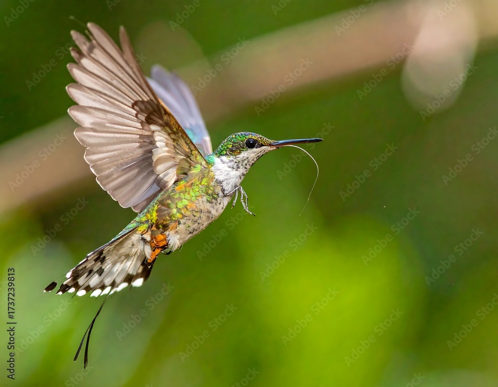 Fototapeta premium Hummingbird in Flight, Vibrant Colors, Nature, Wildlife, Beautiful.