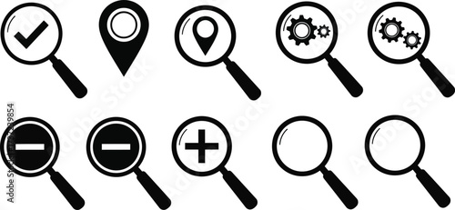 Black Magnifying Glass with Check Mark, Gear, Plus, Minus Icons on Transparent Background