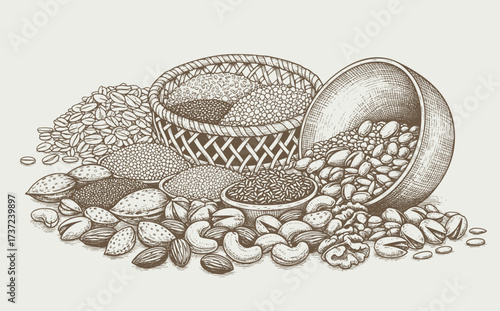 Vector Illustration of Nuts and Seeds in Bowls Hand-Drawn Style
