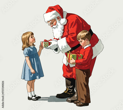 Vintage Vector Illustration of Santa Claus with Children Giving Gifts in Red and Blue
