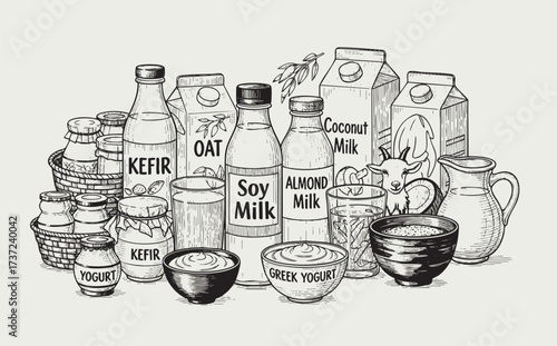 Food Illustration Vector of Various Milk and Yogurt Products in Detailed Line Art Style