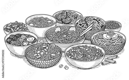 Food Vector Illustration of Asian Noodles Dishes with Black and White Line Art Detailing