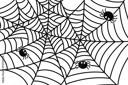 Simple black and white cartoon illustration of a large spiderweb and spiders. Illustration vector graphic design.