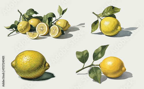 Lemon Fruit Vector Illustration Set with Leaves Organic Style