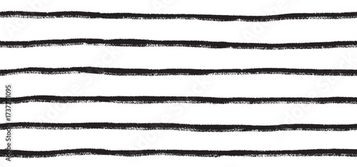 Set of uneven horizontal black stripes drawn with rough brush on white background. Hand drawn grunge seamless pattern illustration. Abstract texture and line art concept.