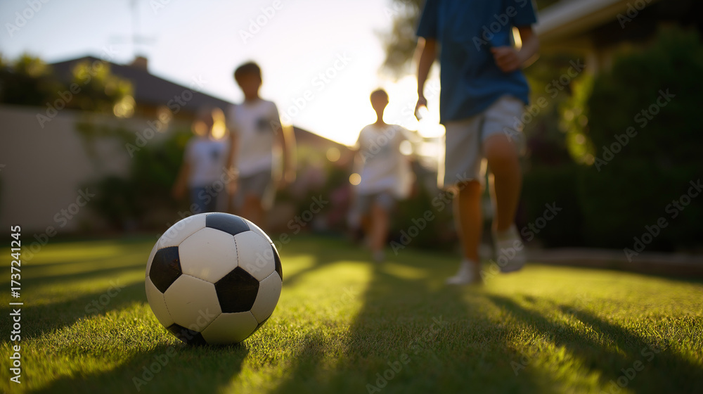 Fototapeta premium Children playing soccer on grass field in suburban neighborhood at sunset. 