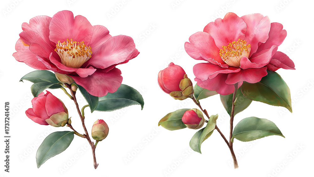 Fototapeta premium Pink Camellia Watercolor Illustration Isolated on White Background with Clipping Path