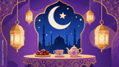 Ramadan Evening Feast: Dates, Tea, Moon & Mosque Lanterns