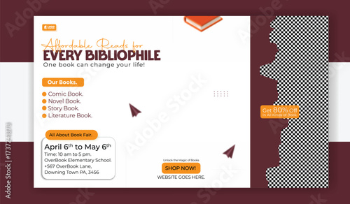 Eye catching promotional banner for book store with stack of books isolated on white background