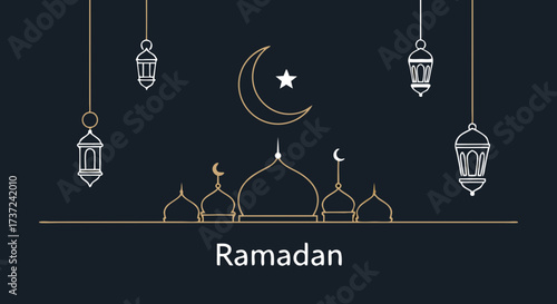 Elegant Ramadan Background with Mosque, Moon & Lanterns