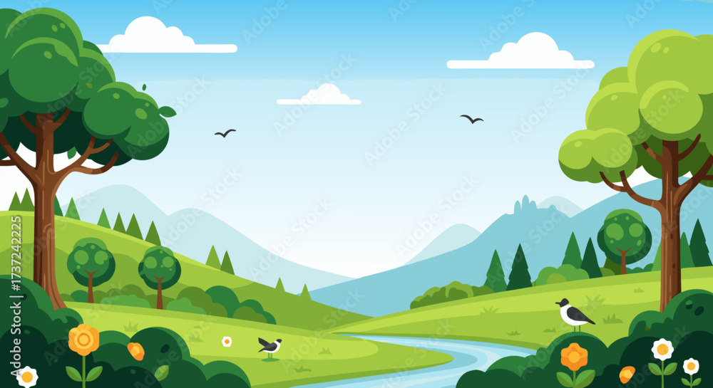 Naklejka premium Vibrant Cartoon Nature Landscape with River and Birds