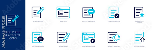 Blog Posts and Articles Blue Colored Outline Icon Set
