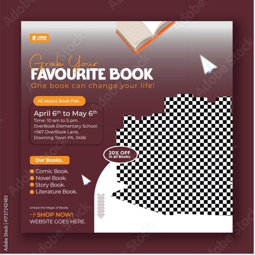 Promotional book fair template with discount offer and favorite book for bibliophile