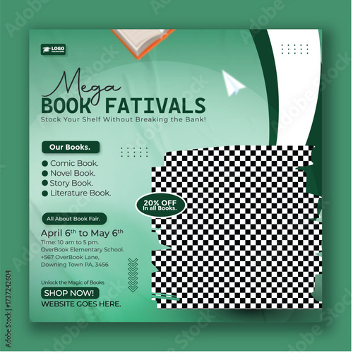 Mega book festivals banner with stack of books and discount offer on light green background