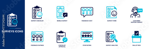 Surveys Blue Colored Outline Icon Set