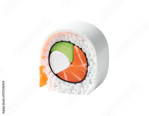 Macro shot of a sushi roll with avocado, salmon, and cream cheese