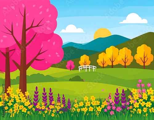 Colorful spring landscape with flowers and mountains
