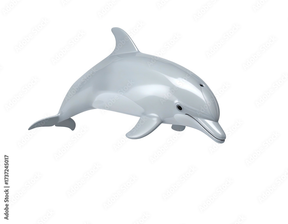 Fototapeta premium A shiny, silver dolphin leaps against a stark black background, a digital rendering