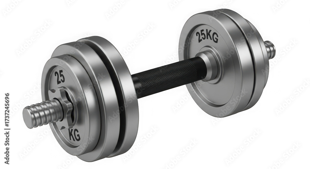Fototapeta premium Silver dumbbell with 25 kg weight isolated on transparent background for exercise