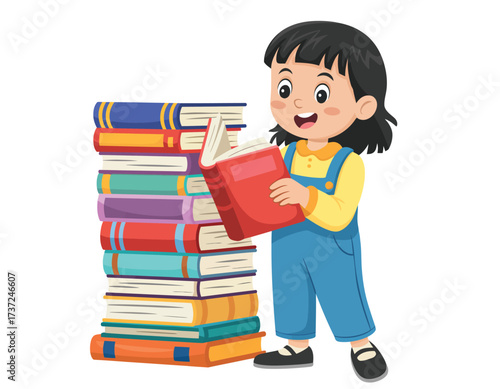 Little Girl Exploring Books in a Colorful Children’s Book Stack