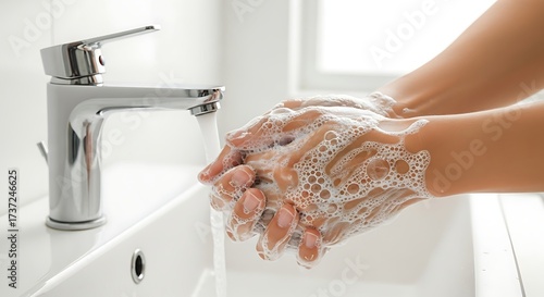 Person washing hands with soap and water under a chrome faucet in a white ceramic sink, creating suds and foam, promoting hygiene and cleanliness.