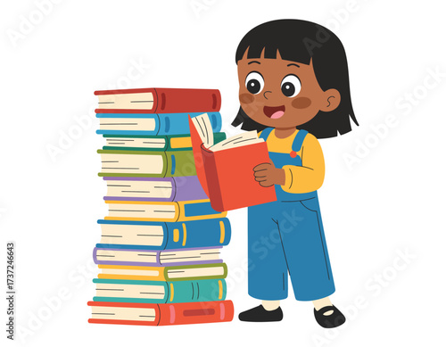 Young Girl Choosing a Book from Vibrant Children’s Books Pile – Reading Fun, Learning, Education, Library Time, Storybook Selection, Kids Book Collection, Vector or Photo