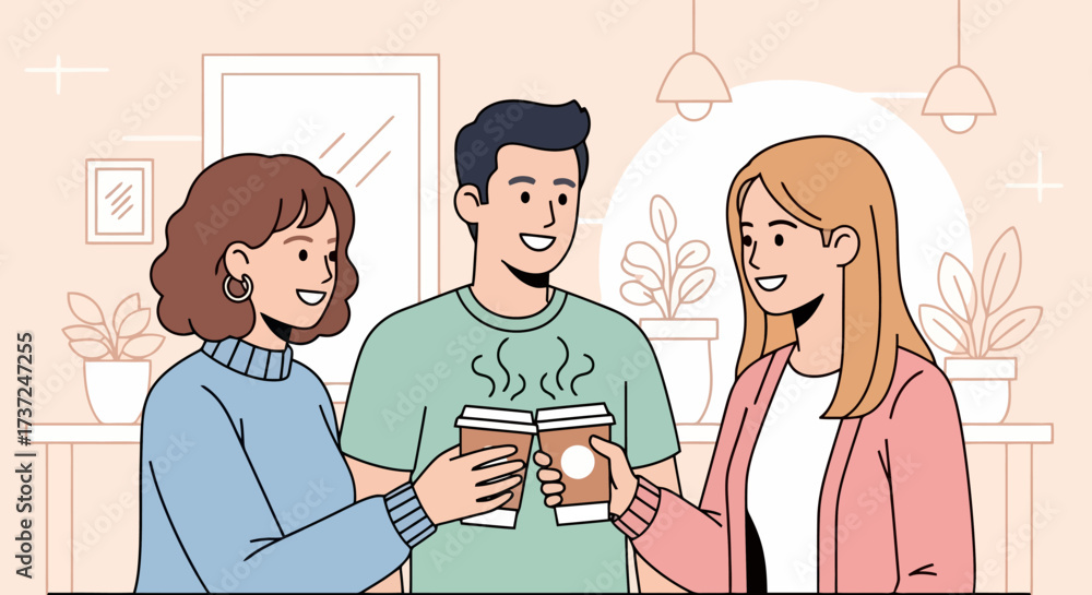 Obraz premium Cheerful Friends Toasting Coffee Cups in a Cozy Cafe, Perfect for Illustrating Social Gatherings, Friendship, and Coffee Culture in Promotional Materials