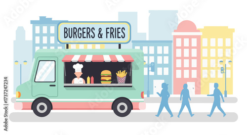 Charming Illustration of a Burgers and Fries Food Truck Set Against a Cityscape Backdrop, Ideal for Promoting Culinary Events and Food-Related Advertisements.