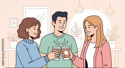Cheerful Friends Toasting Coffee Cups in a Cozy Cafe, Perfect for Illustrating Social Gatherings, Friendship, and Coffee Culture in Promotional Materials