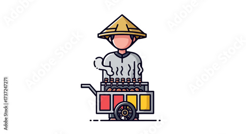 Asian Street Food Vendor Illustration Featuring a Traditional Conical Hat and Mobile Cart, Ideal for Food Blogs and Cultural Tourism Promotion