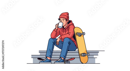 Young Skater Taking a Break with Coffee, Leaning on Skateboard. Illustration for Lifestyle Blogs, Youth Culture, and Urban Relaxation Concepts.