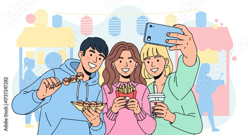 Cheerful Friends Enjoying Street Food and Taking a Selfie at a Vibrant Outdoor Market, Ideal for Illustrating Youth Culture, Social Gatherings, or Culinary Tourism