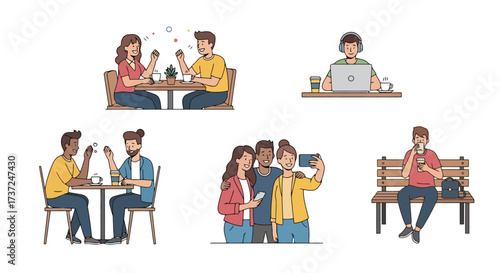 Diverse Group of People Enjoying Various Activities in Public Spaces Illustration for Social Interaction and Community Engagement