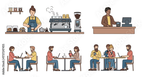 Coffee Shop Scene with Barista, Cashier, and Customers in a Relaxing Environment. Ideal for illustrating cafe culture, small business operations, and community gatherings.
