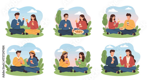 Group of Diverse Couples Enjoying Outdoor Picnics in a Park Setting, Showcasing Recreational Activities and Leisure Time for Lifestyle and Social Connection Illustrations