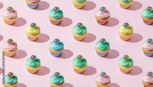 Sekumpulan cupcake warna warni latar peach