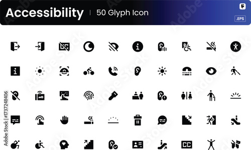 50 Accessibility Glyph Icons Set Universal Design Symbols Vector Collection Graphics Pack