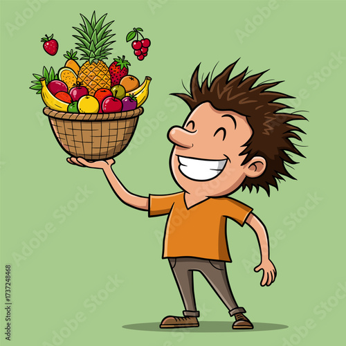 Cartoon boy with spiky brown hair holding a fruit basket, smiling cheerfully on light green background.