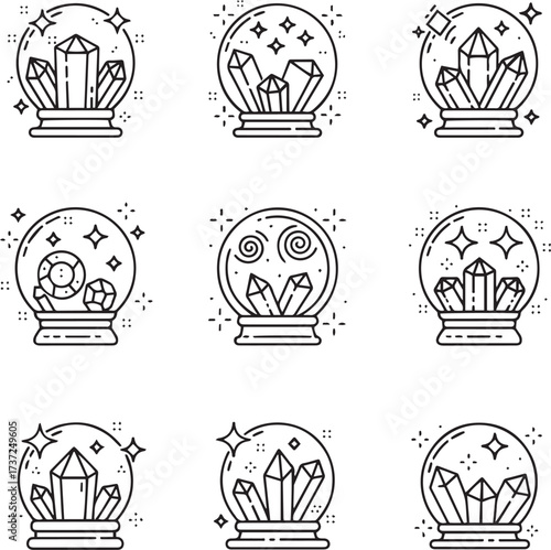 This collection presents nine distinct outline illustrations of spherical objects, each depicting mystical or spiritual themes. Several designs showcase intricate crystal formations, resembling geodes