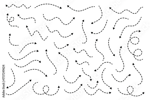Hand drawn dot arrow vector set. Hand drawn line doodle arrow, curve arrow icon vector set. Vector illustration. Hand drawn dotted arrows set. Sketch curved dashed arrows design.