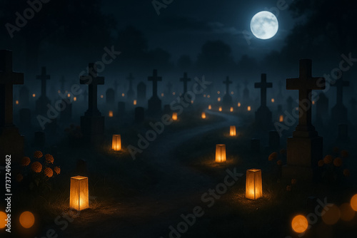 Luminaria Path through a Misty Cemetery with Marigolds and Moonlight for Día de los Muertos (No People)