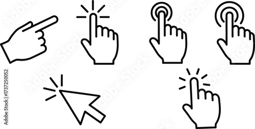 Clicking Hand Icon Set with Finger, Pointer, and Cursor Outline Style on White