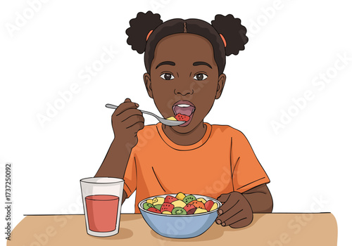 A young Black girl enjoys a healthy fruit salad with a glass of juice. Bright colors and a cheerful expression create a positive and appealing image for food and lifestyle content.