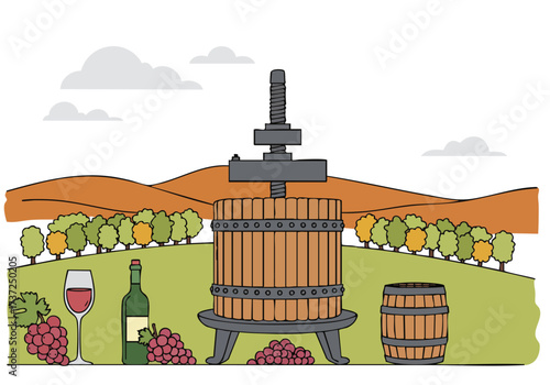 Celebrate Orange Wine Day! vibrant illustration showcases a wine press amidst rolling hills complete with wine bottles and grapes -Press the Passion- - perfect for marketing and promotional materials