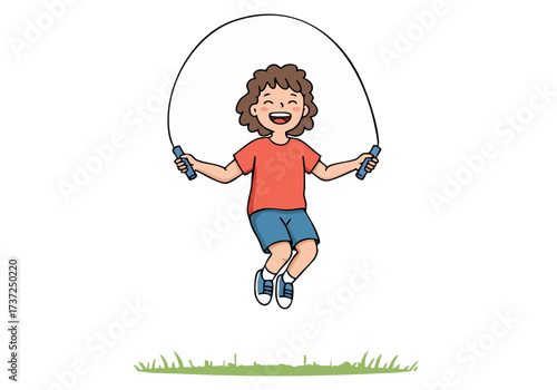 cheerful  girl jumps rope outdoors on Child Health Day promoting joy and activity Bright playful illustration with a grassy backdrop Perfect for health and wellness campaigns