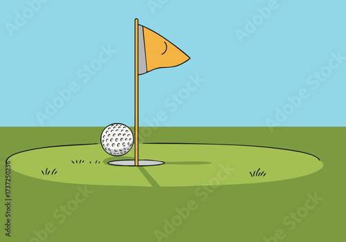 clean minimalist illustration depicts a golf ball in a hole with a flag and the text -Pin the Precision-  Bright green background emphasizes accuracy and focus Suitable for business and sports themes