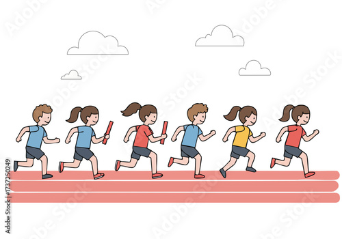 Colorful illustration depicts children racing with baton celebrating Child Health Day The design promotes resilience and teamwork A cheerful dynamic scene with a bright modern aesthetic
