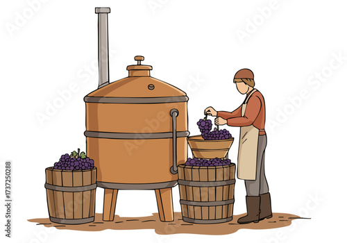 craftsman operates a wine press surrounded by barrels of grapes A rustic detailed illustration evokes a traditional winemaking scene Perfect for lifestyle or agricultural themes