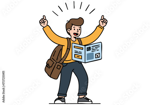 A young man enthusiastically points at a travel guidebook, showcasing adventure and exploration. Bright, dynamic illustration for travel marketing.
