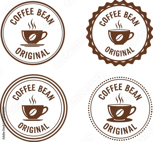 Coffee Bean Stamps Retro Circle Designs with Steaming Cup Icons on White